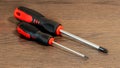 Two screwdrivers of different sizes on a wooden table Royalty Free Stock Photo