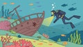 Two Scuba Divers Exploring Sunken Shipwreck on Ocean Floor, vector design Generative AI Royalty Free Stock Photo