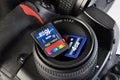 Two SD memory flash card and DSLR camera Royalty Free Stock Photo