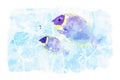 Two sea fish on blue watercolor background, blue tones image, summer watercolor painting