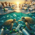 Two sea turtles navigate a sea of plastic bottles, a poignant commentary on pollution at sunset. Royalty Free Stock Photo