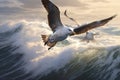 Two seagulls gracefully soar above the ocean, with a wave crashing beneath them, on a picturesque day, Two albatrosses gliding Royalty Free Stock Photo