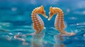 Two seahorses facing each other in vibrant blue ocean waters Royalty Free Stock Photo