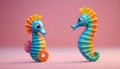 Two seahorses on pink background. 3d illustration. Concept of love. Generative AI