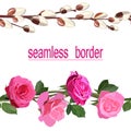 Two seamless borders of bright pink roses and twigs of fluffy flowering willow isolated on white background Royalty Free Stock Photo