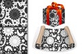 Two seamless patterns with drawing flowers in black and white color on white backgrounds, Paper roll and gift and mockup, design