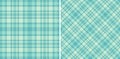 Two seamless plaid patterns with a textured effect, one straight grid, the other diagonal, in shades of teal and mint green. Royalty Free Stock Photo
