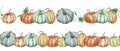 Two seamless watercolor borders with colorful pumpkins. Botanical patterns.