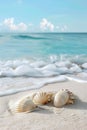 Two Seashells Resting on Sandy Beach by the Ocean