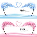 Two season nature backgrounds with stylized trees representing a seasons - winter and spring. Royalty Free Stock Photo