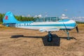 Two-seat single-engined piston-powered Yakovlev Yak-52 primary aerobatic trainer aircraft OH-YAC parked on Karhula aviation museum