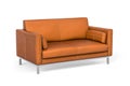 Two seater brown leather sofa with metal legs on white background