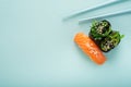 Two seaweed Sushi Chuka and sushi nigiri with salmon