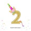 Two. Second birthday. Colorful unicorn birthday invitation. Baby shower, party invitation greeting card.