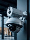 Two security cameras mounted on the wall of a building Royalty Free Stock Photo