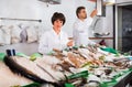 Two sellers posing near display with frozen fish Royalty Free Stock Photo