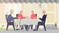 Two senior couples having a dinner on the front lawn of the house. Vector concept illustration of happy smiling elderly people