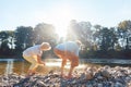 Two senior people enjoying retirement and simplicity near the river Royalty Free Stock Photo
