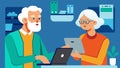 Two seniors team up to troubleshoot a technical issue on their devices in a handson workshop.. Vector illustration.