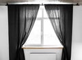 Two separate linen curtain panels with tieback in classic and contemporary bedroom. Panel pair cotton curtains tied back
