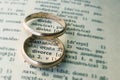 Two separate wedding rings next to the word `divorce` Royalty Free Stock Photo