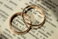 Two separate wedding rings next to the word `divorce` Royalty Free Stock Photo