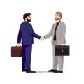 Two serious businessmen with well groomed appearance, beards, in business suits and with leather portfolios shake hands.