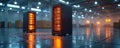 Two server racks stand in large tech warehouse. Server units glow with orange light. Data center offers computing, storage, Royalty Free Stock Photo