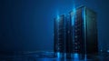 Two servers with shining blue light, cyber security concept, data light below, clean background, text space