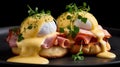 Two servings of eggs benedict on black plate