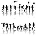 Two sets of children silhouettes playing