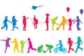 Two sets of colored silhouettes of children playing Royalty Free Stock Photo