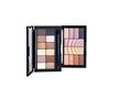 Two sets of cosmetic makeup powder various shades, colors and a brush isolated against white top view