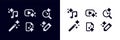 Two sets of monochrome icons featuring music notes, magnifying glass, and magic wand Royalty Free Stock Photo