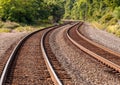 Two sets of train tracks running through a wooded area in Pittsburgh, Pennsylvania, USA