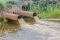Two sewer pipes pour out to the river/water gushing from the sewer to the river Royalty Free Stock Photo