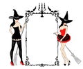 Two sexy young witches. Art deco style background with bats and candle silhouettes. Halloween invitation