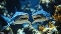 Two sharks swimming closely together in the ocean, expressing connection and harmony Royalty Free Stock Photo