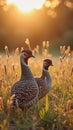 Two sharp-tailed grouses in golden sunset prairie Royalty Free Stock Photo