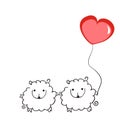 Two sheep with a balloon in the shape of a heart on a white background. Vector illustration. Doodle art. Love and Valentine`s day. Royalty Free Stock Photo