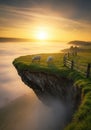 Two sheep graze peacefully on a grassy cliff at sunset, overlooking a misty landscape Royalty Free Stock Photo