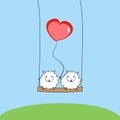 Two sheep with a heart on the swing. Two lovers sheep with balloon. Beautiful holiday card. vector illustration. Love and Valenti