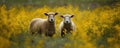 Two sheep in the meadow full of yellow flowers. Space for description. generative ai