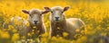 Two sheep in the meadow full of yellow flowers. Space for description. generative ai