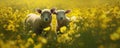 Two sheep in the meadow full of yellow flowers. Space for description. generative ai