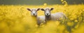 Two sheep in the meadow full of yellow flowers. Space for description. generative ai