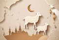two sheeps and crescent moons are on a wall with a city in the background Royalty Free Stock Photo