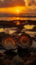Two shells on the beach at sunset Royalty Free Stock Photo