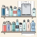 Two shelves featuring various reusable water bottles in different Royalty Free Stock Photo