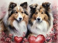 Two Shetland Sheepdogs with red hearts